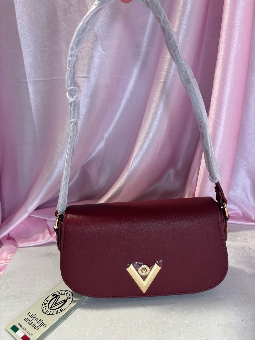 Valentino Orlandi Cherry Shoulder Bag with Gold V Accent